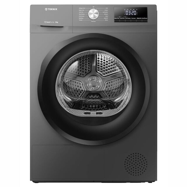 Teknix TKHP8HS Freestanding 8kg Heat Pump Tumble Dryer with Sensor Drying - Titanium - D Rated